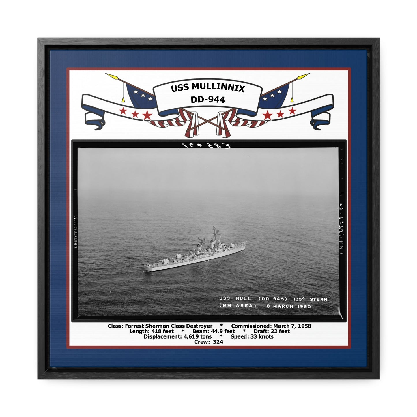 USS Mullinnix DD-944 Navy Floating Frame Photo Front View