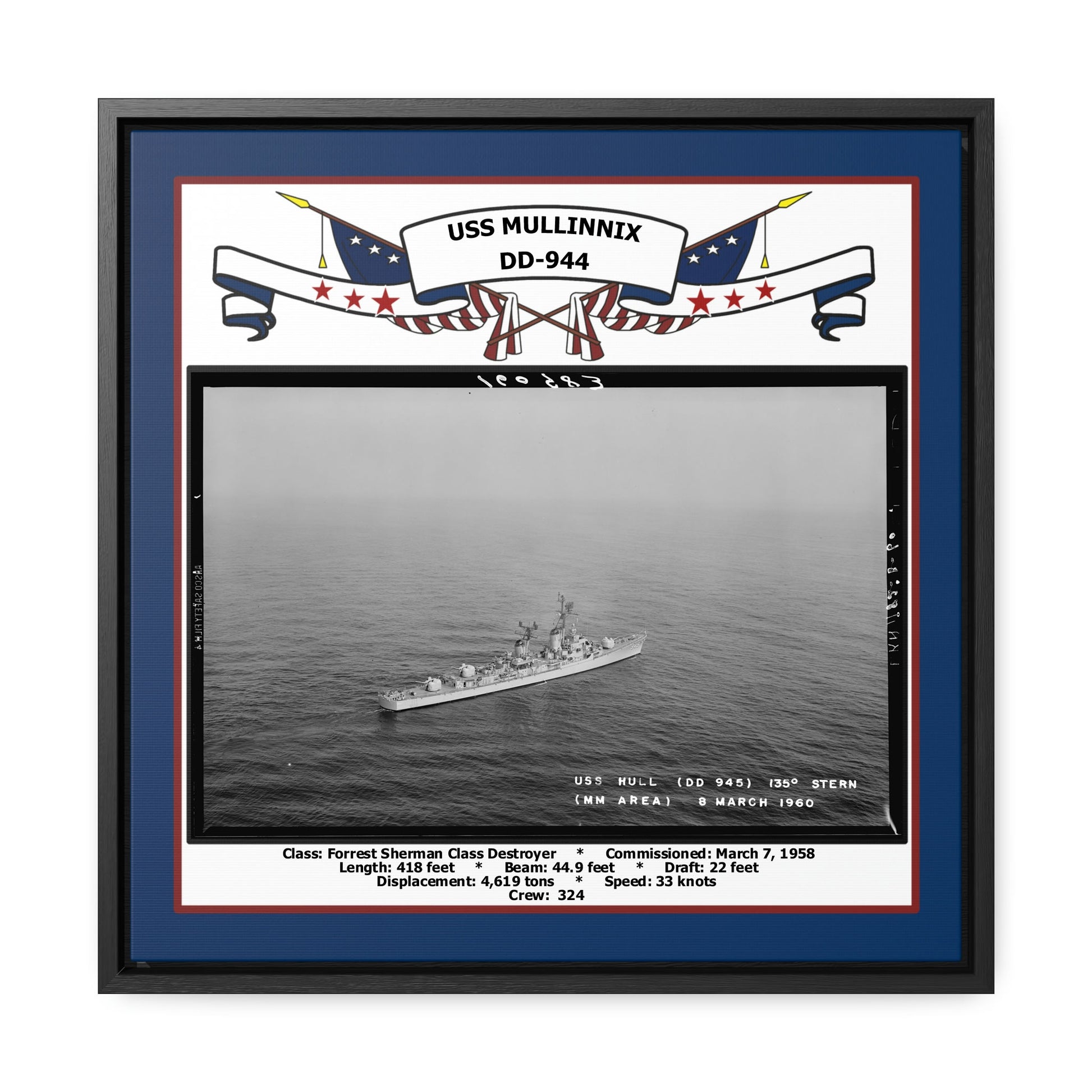 USS Mullinnix DD-944 Navy Floating Frame Photo Front View