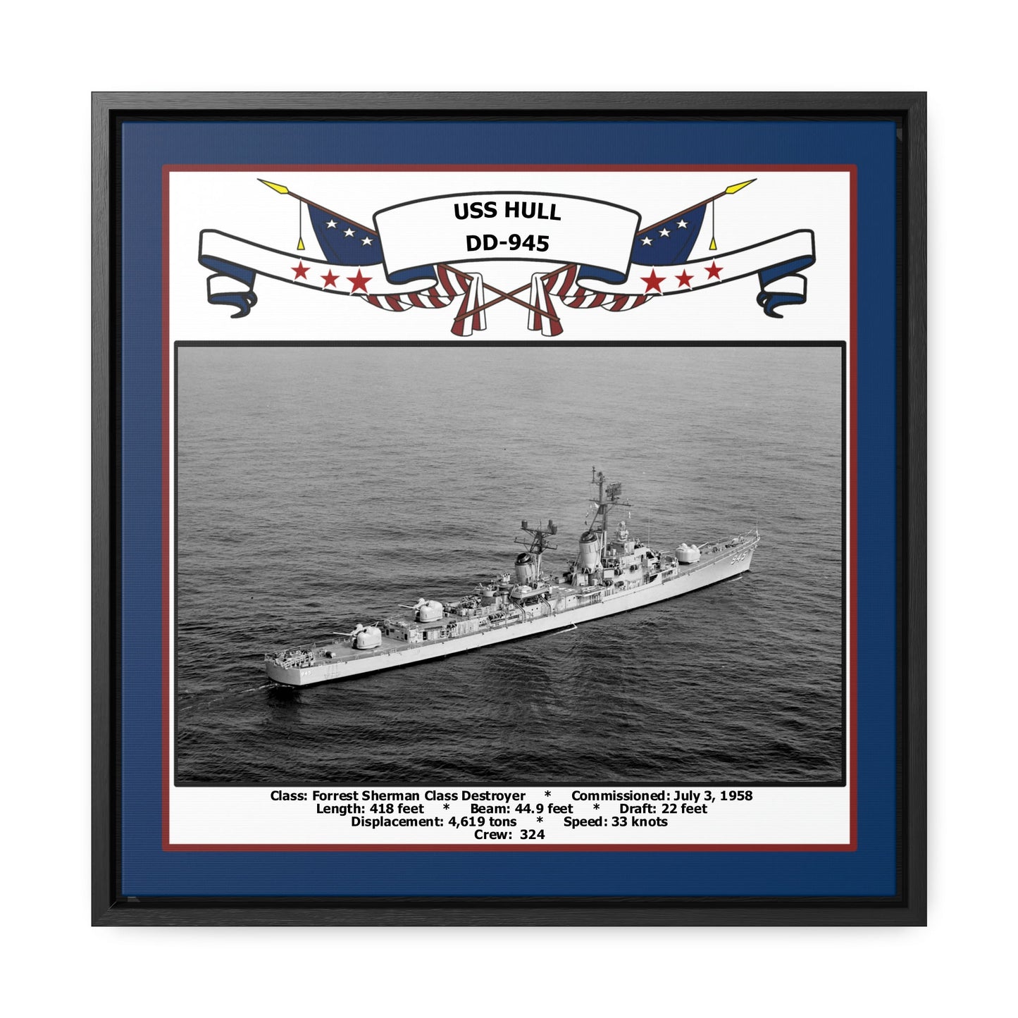 USS Hull DD-945 Navy Floating Frame Photo Front View