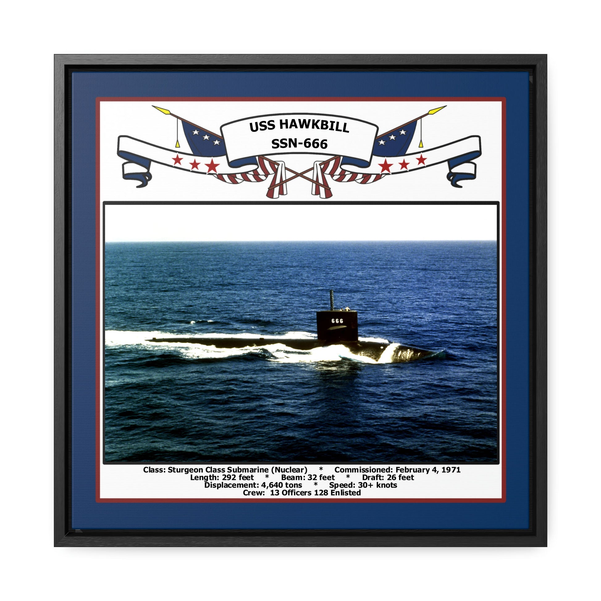 USS Hawkbill SSN-666 Navy Floating Frame Photo Front View