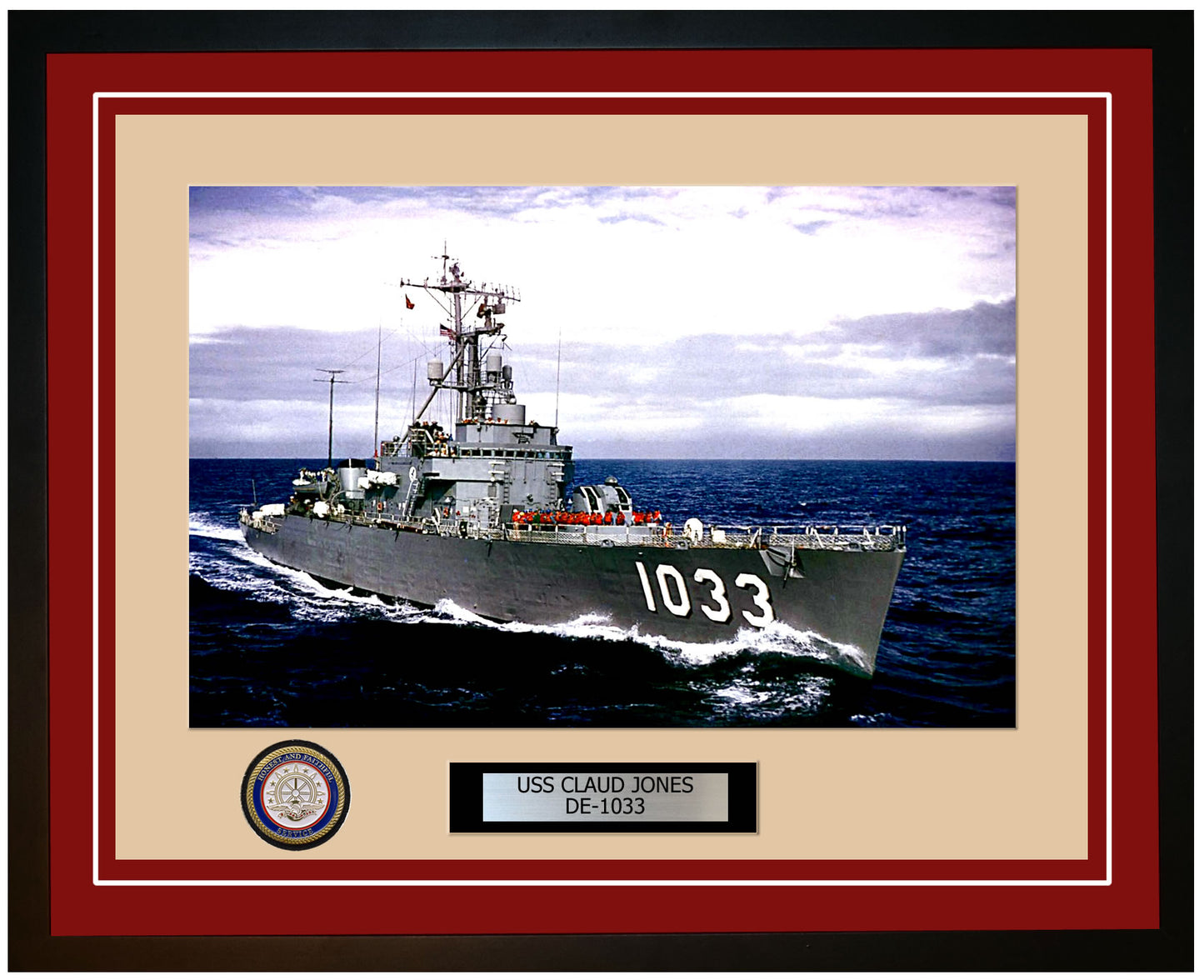 USS Claud Jones DE-1033 Framed Navy Ship Photo Burgundy