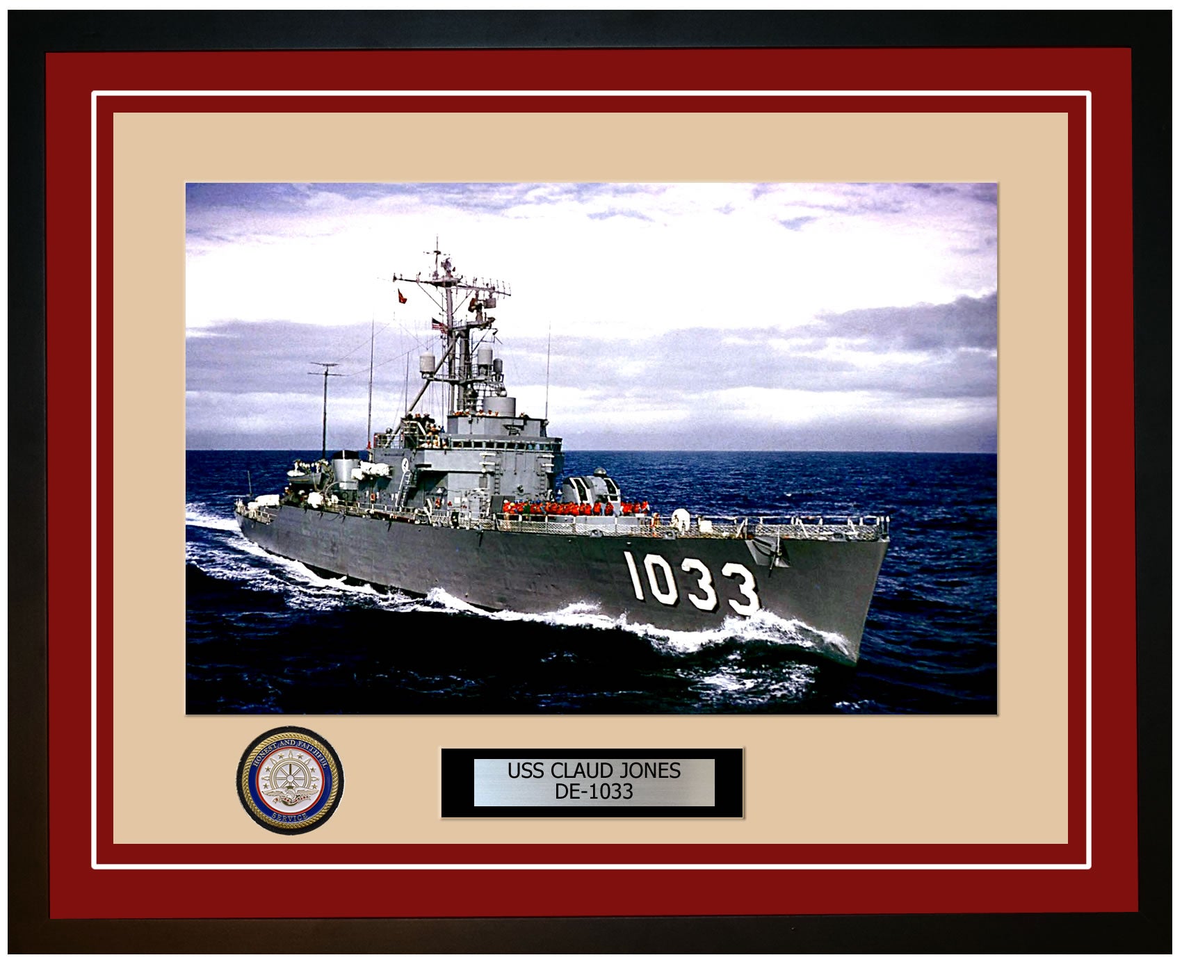 USS Claud Jones DE-1033 Framed Navy Ship Photo Burgundy