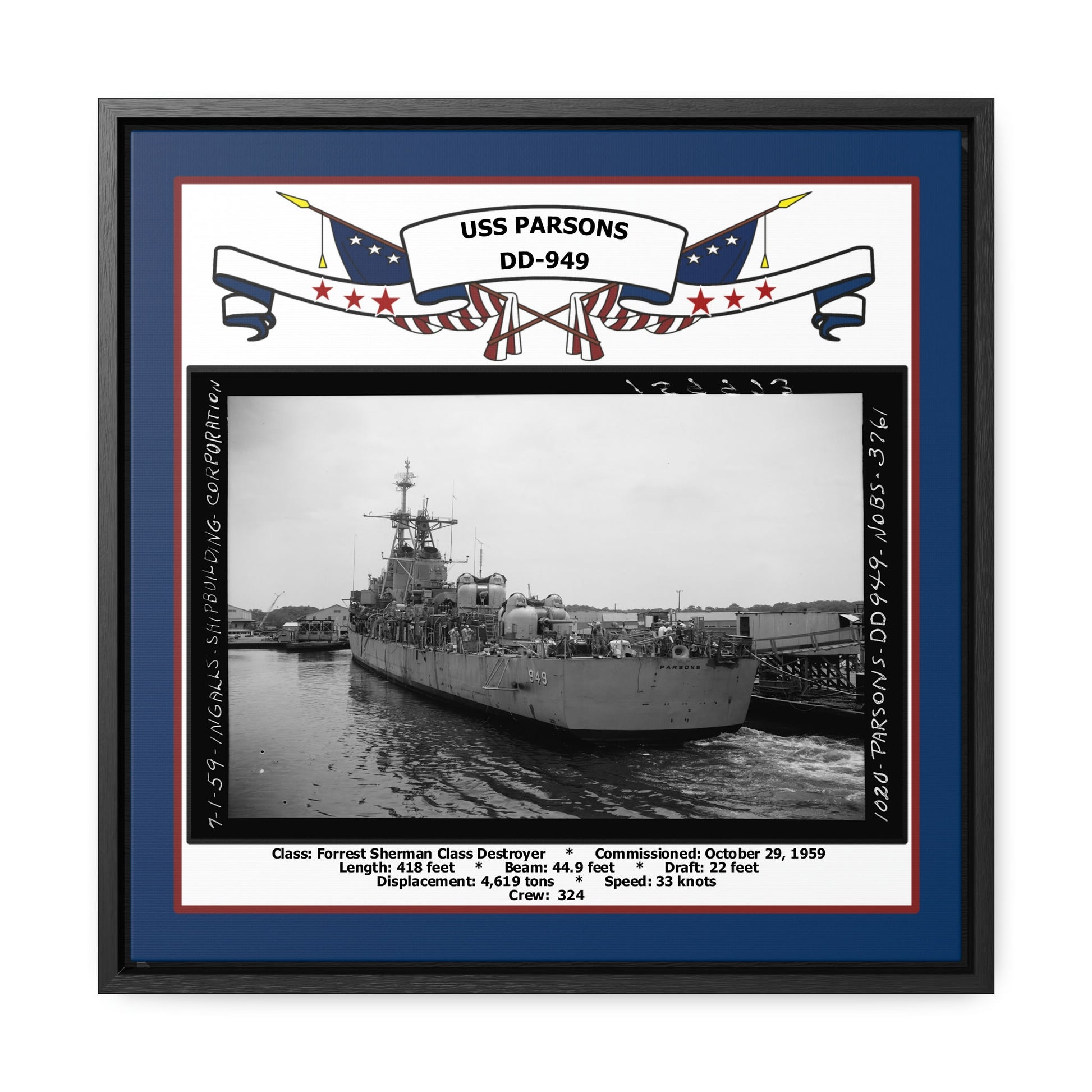 USS Parsons DD-949 Navy Floating Frame Photo Front View
