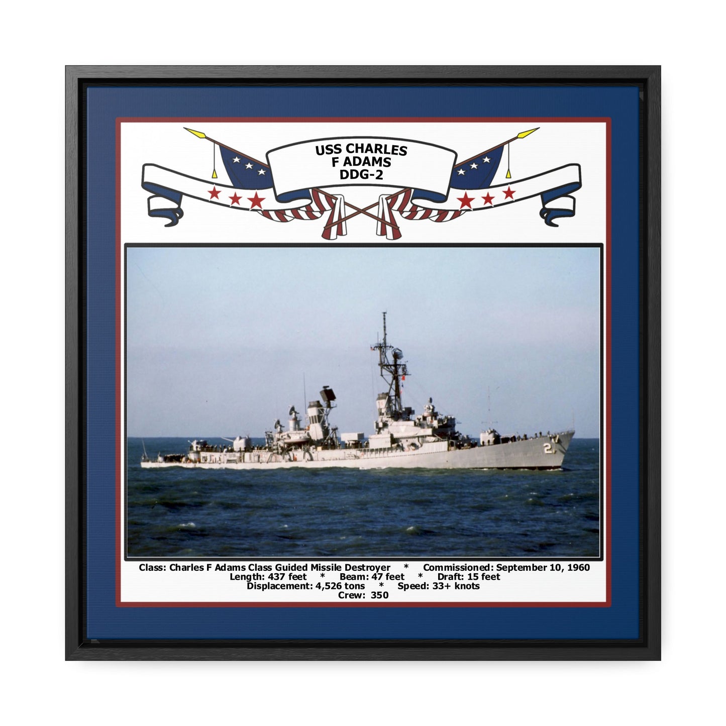 USS Charles F Adams DDG-2 Navy Floating Frame Photo Front View