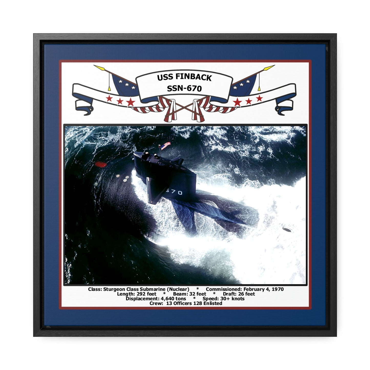 USS Finback SSN-670 Navy Floating Frame Photo Front View