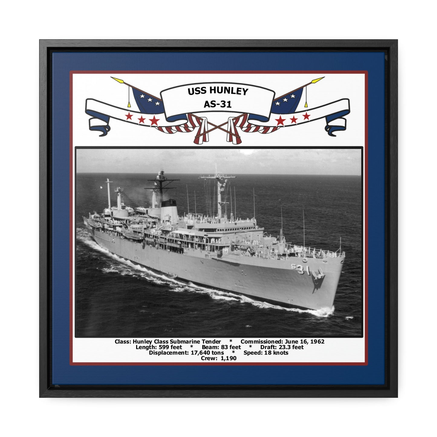 USS Hunley AS-31 Navy Floating Frame Photo Front View