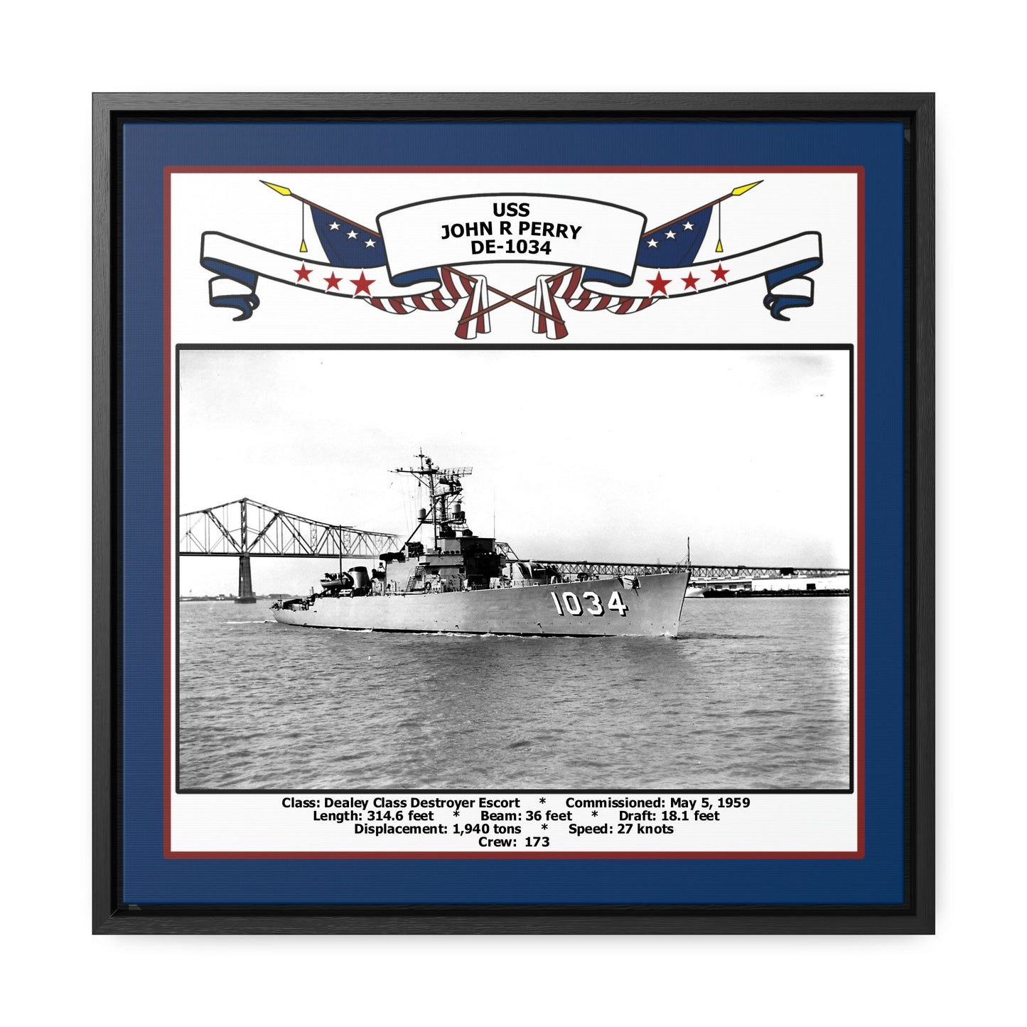USS John R Perry DE-1034 Navy Floating Frame Photo Front View