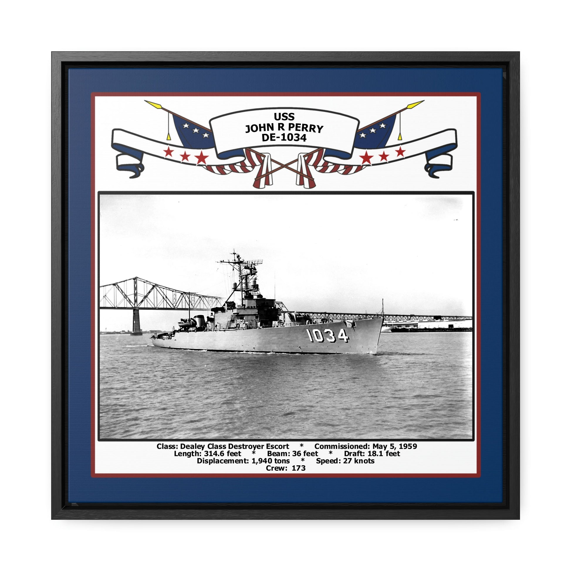 USS John R Perry DE-1034 Navy Floating Frame Photo Front View