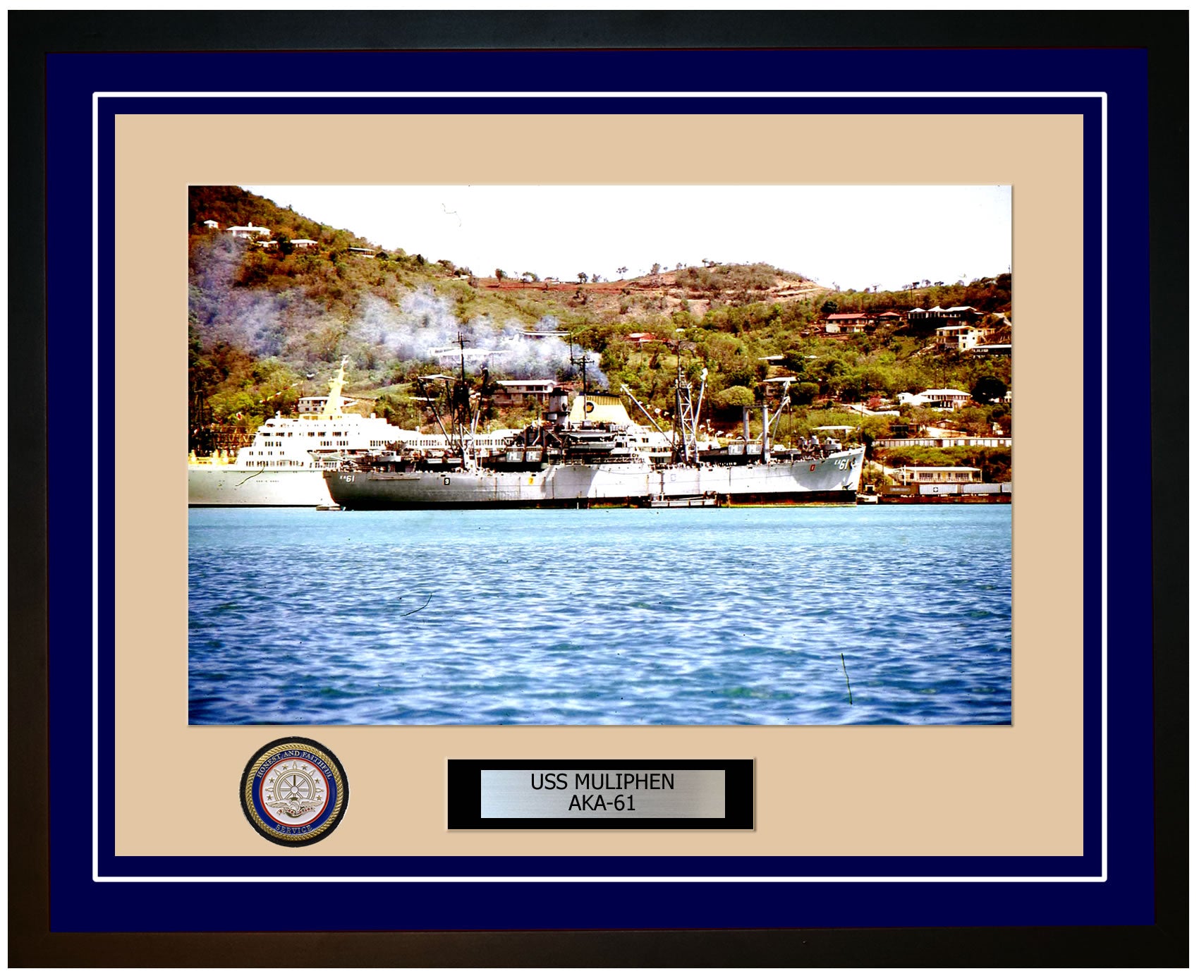 USS Muliphen AKA-61 Framed Navy Ship Photo Blue