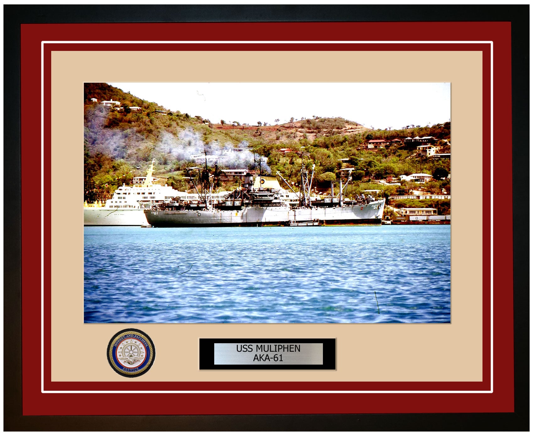 USS Muliphen AKA-61 Framed Navy Ship Photo Burgundy