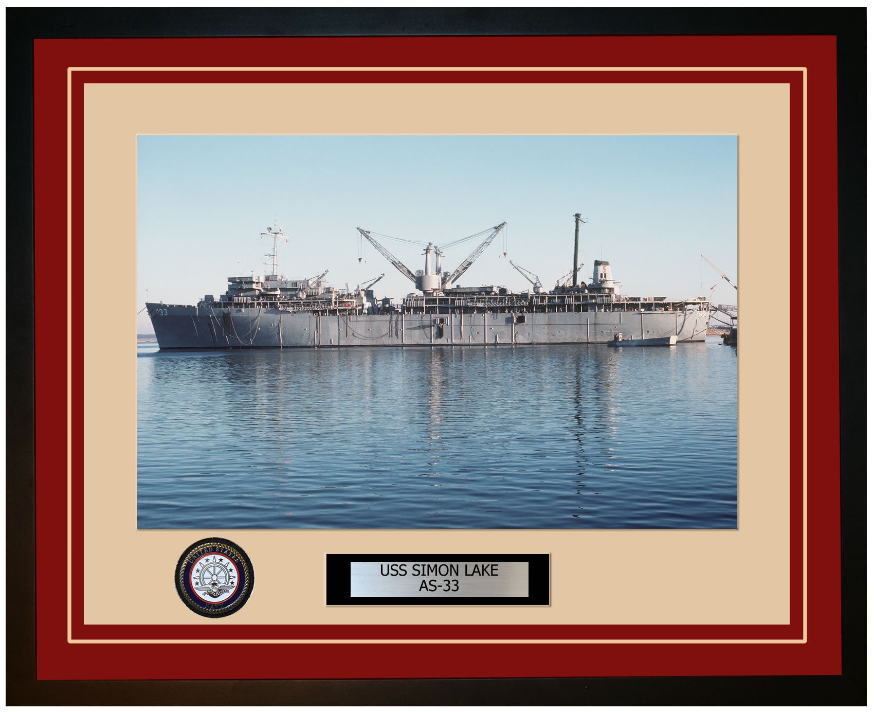 USS SIMON-LAKE AS-33 Framed Navy Ship Photo Burgundy