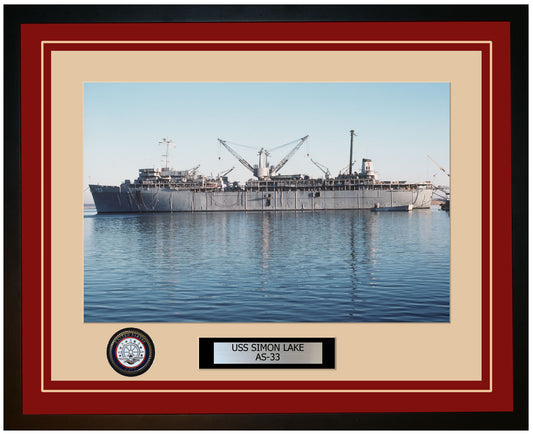USS SIMON-LAKE AS-33 Framed Navy Ship Photo Burgundy