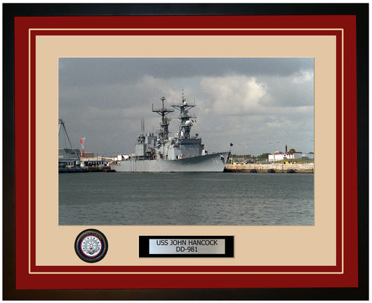 USS JOHN HANCOCK DD-981 Framed Navy Ship Photo Burgundy