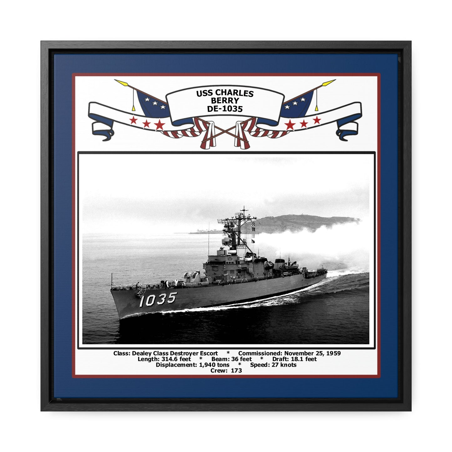 USS Charles Berry DE-1035 Navy Floating Frame Photo Front View