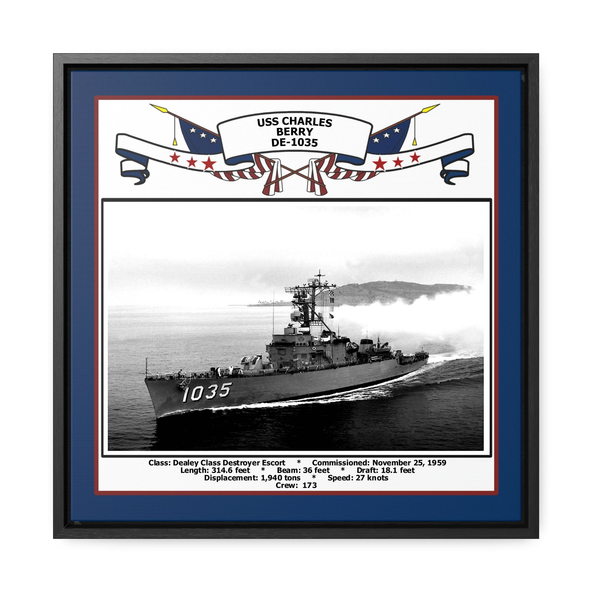 USS Charles Berry DE-1035 Navy Floating Frame Photo Front View