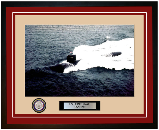 USS Cincinnati SSN-693 Framed Navy Ship Photo Burgundy