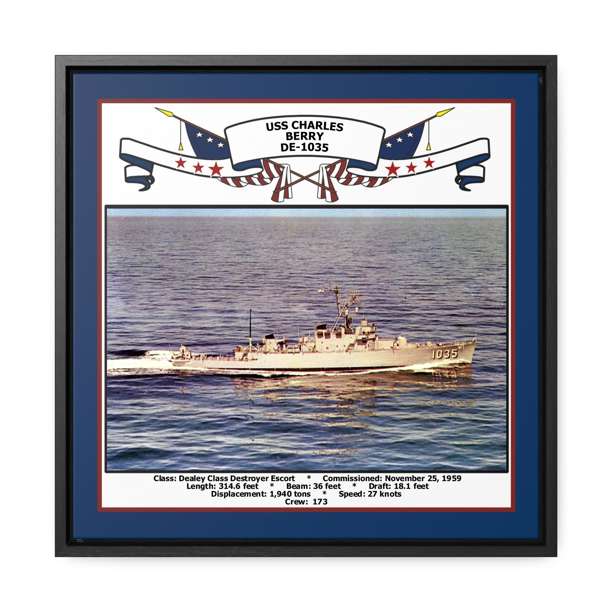 USS Charles Berry DE-1035 Navy Floating Frame Photo Front View