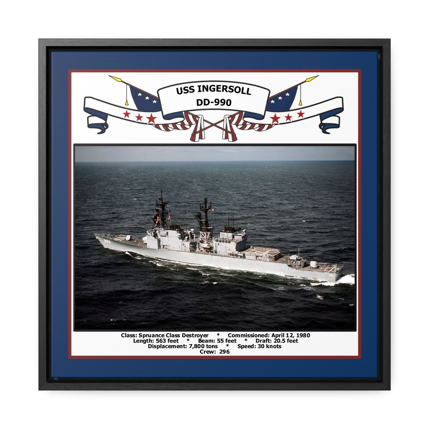 USS Ingersoll DD-990 Navy Floating Frame Photo Front View