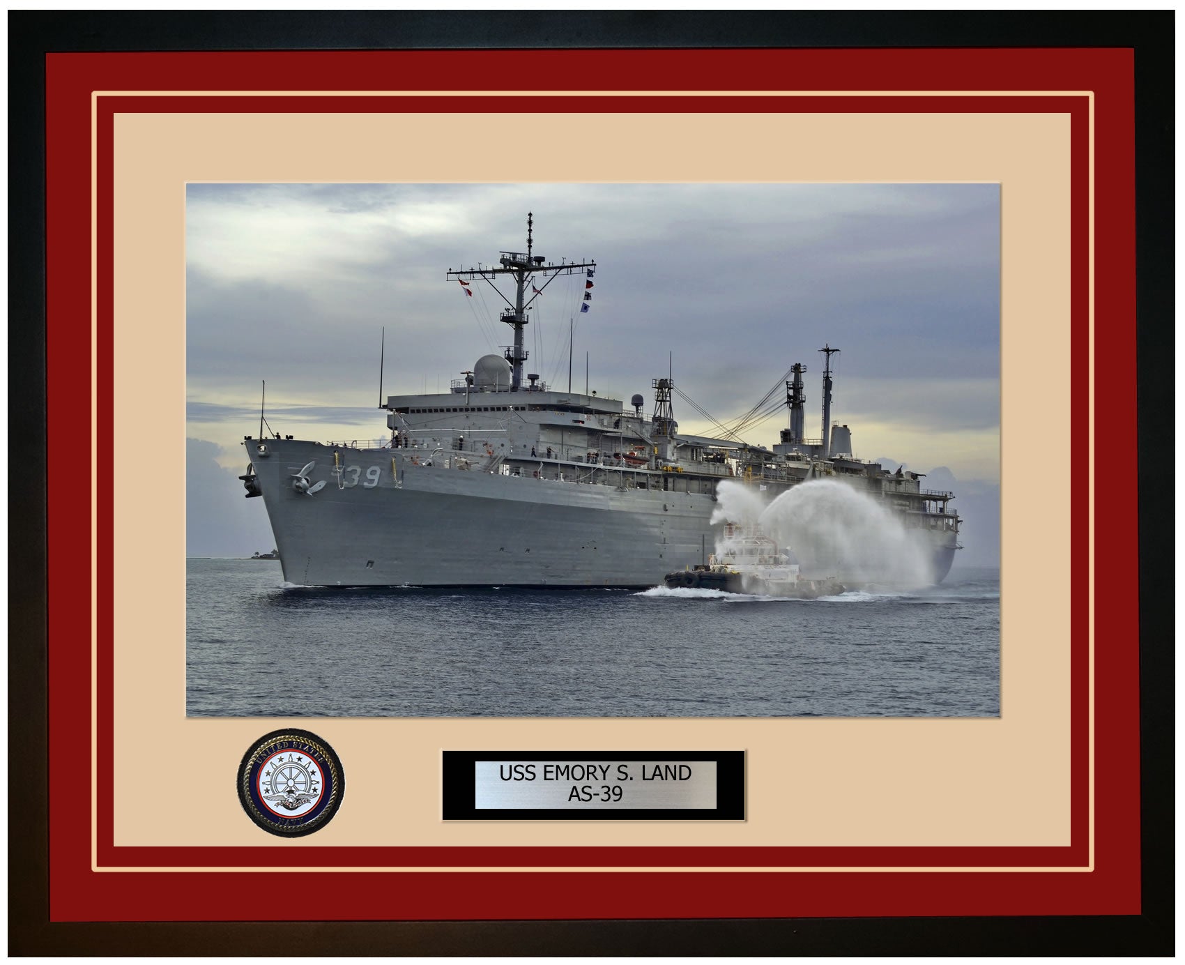 USS EMORY-S-LAND AS-39 Framed Navy Ship Photo Burgundy