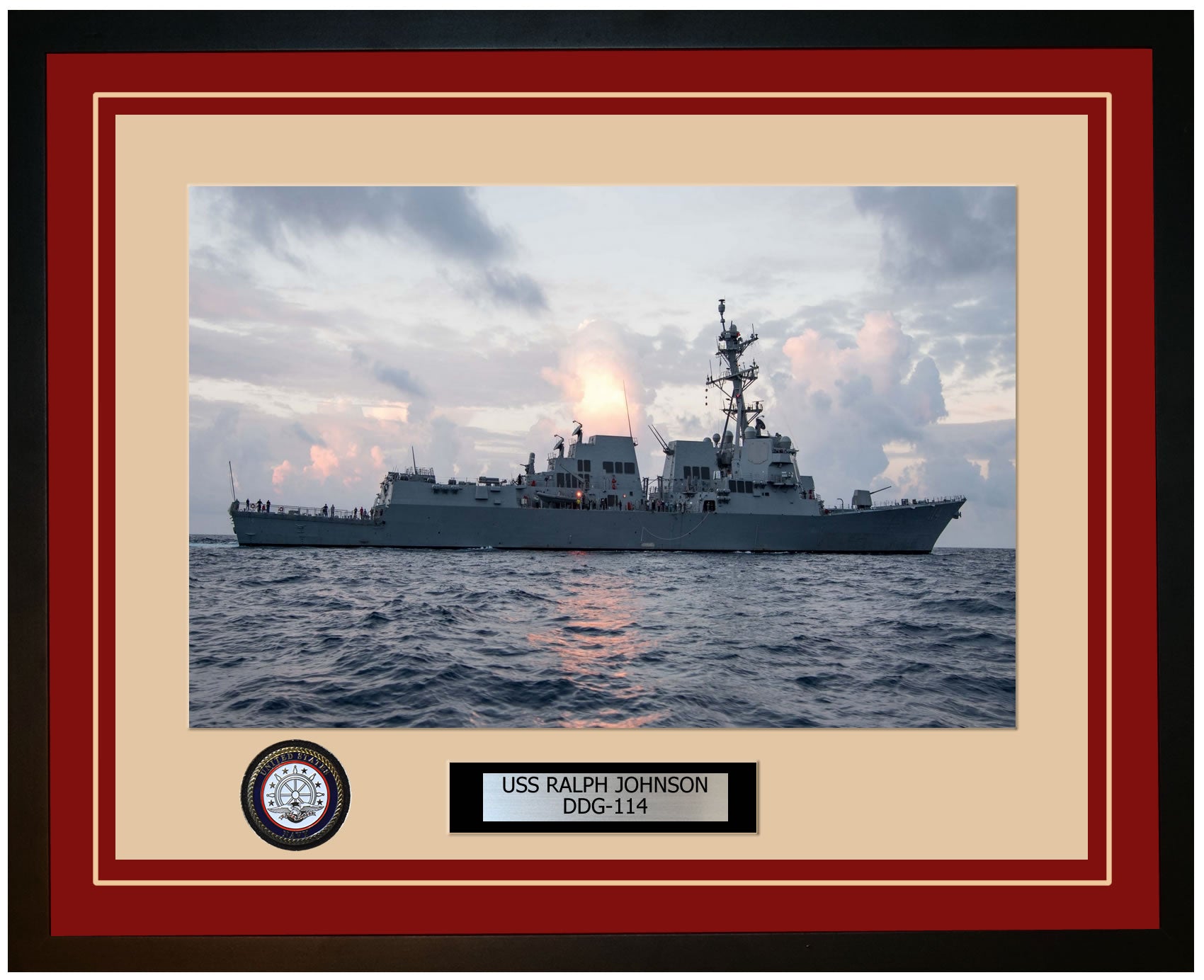USS RALPH JOHNSON DDG-114 Framed Navy Ship Photo Burgundy