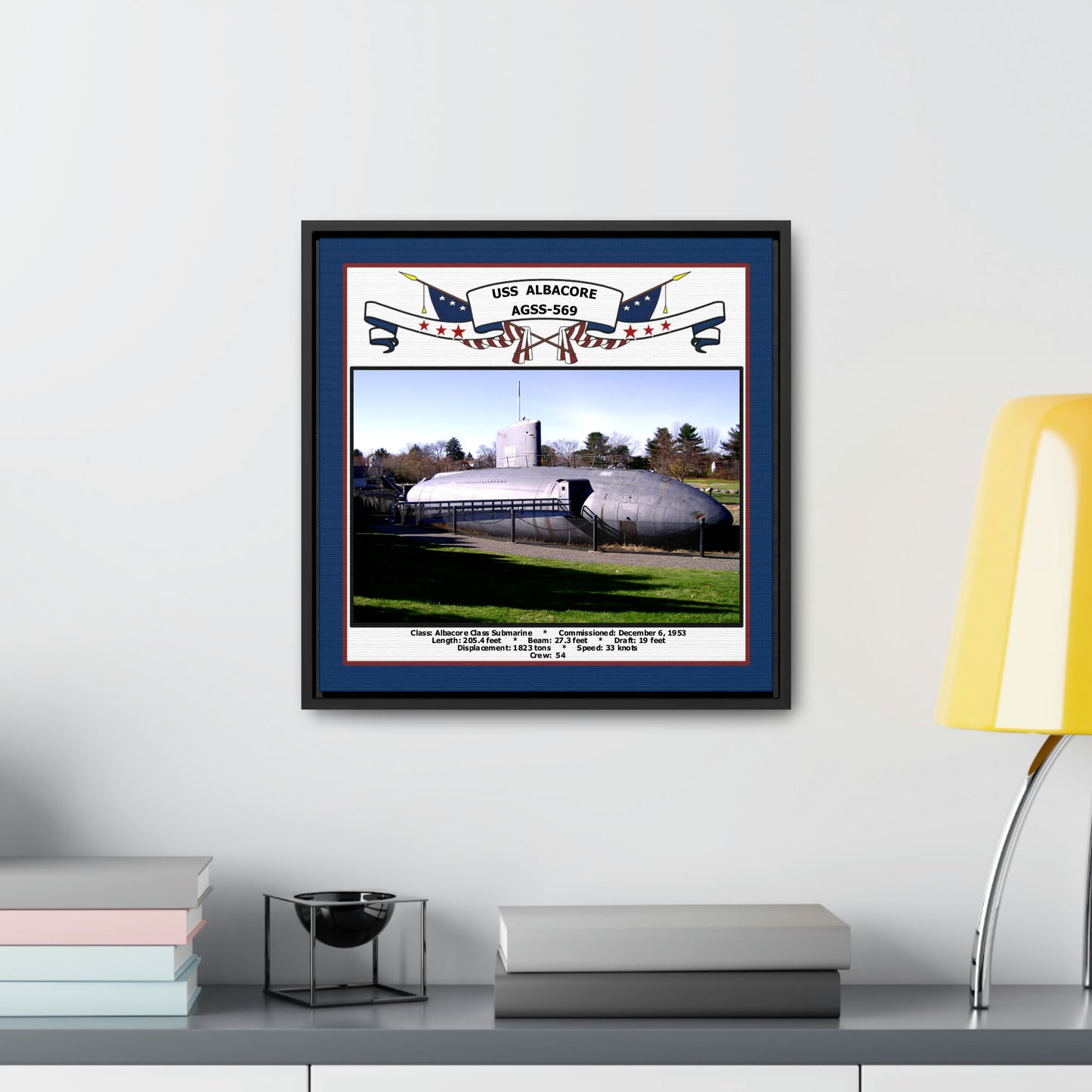 USS Albacore AGSS-569 Navy Floating Frame Photo Desk View