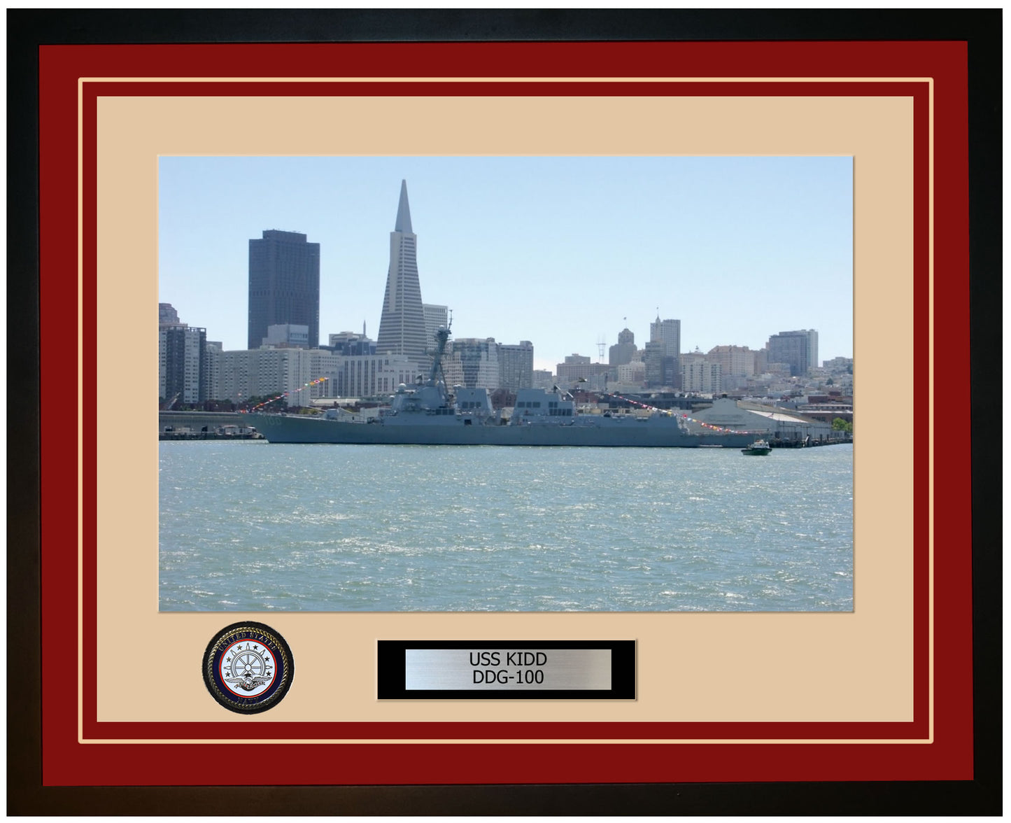 USS KIDD DDG-100 Framed Navy Ship Photo Burgundy