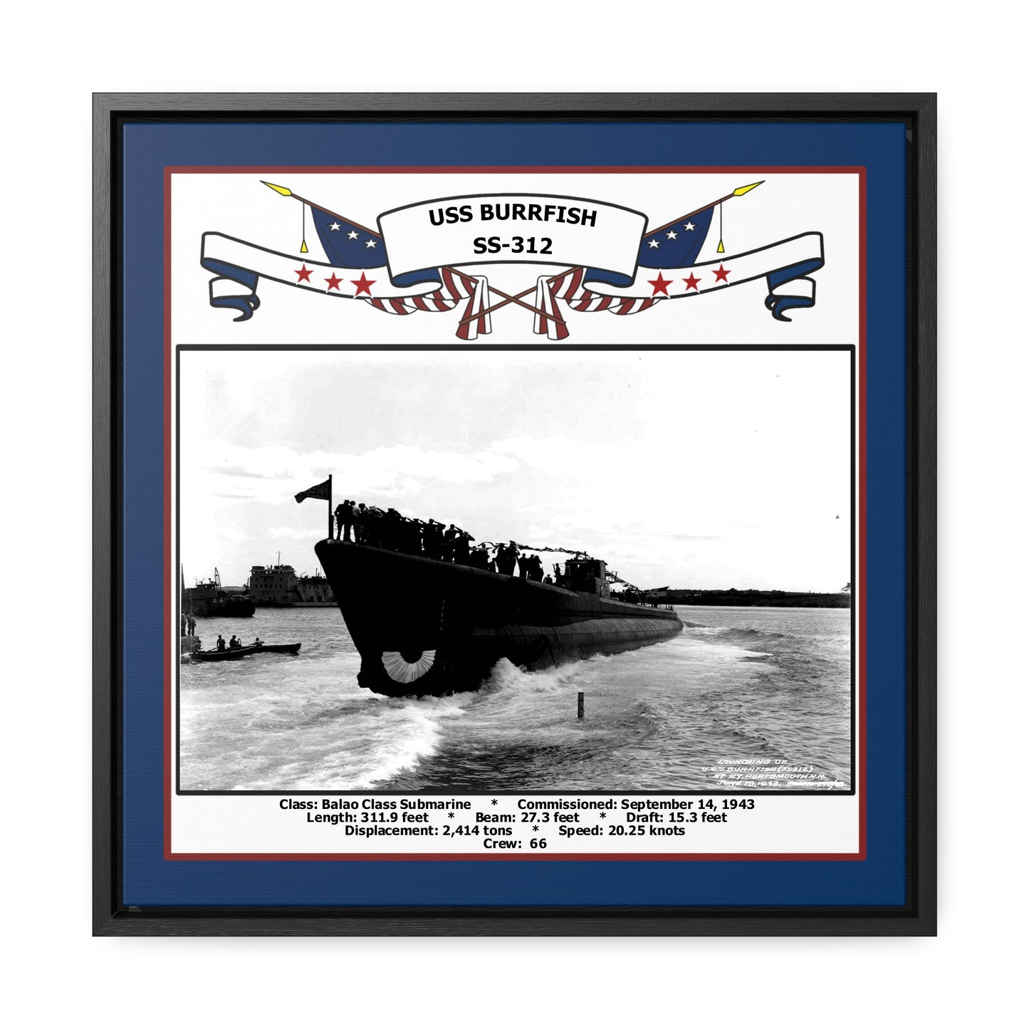 USS Burrfish SS-312 Navy Floating Frame Photo Front View