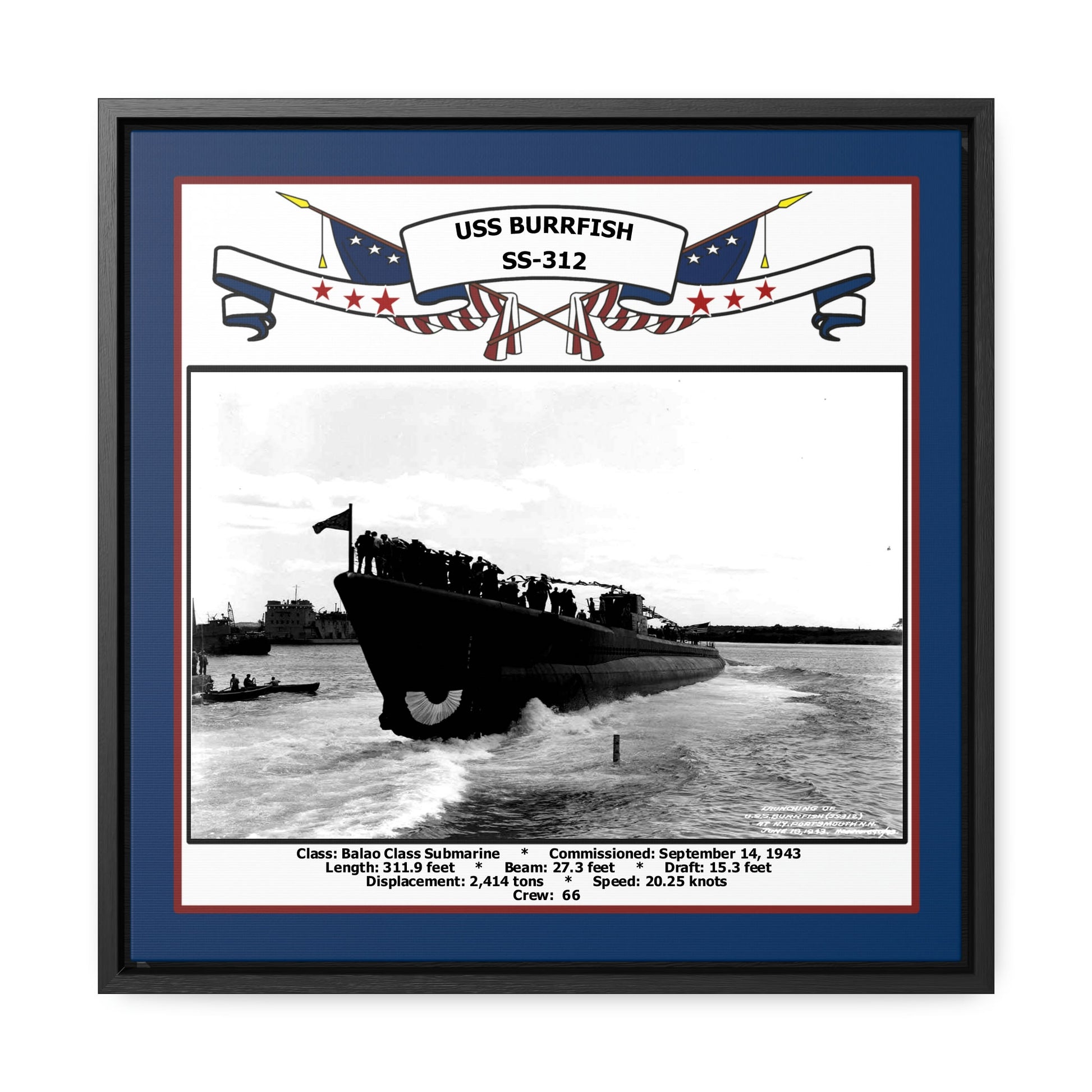 USS Burrfish SS-312 Navy Floating Frame Photo Front View