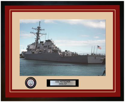 USS MITSCHER DDG-57 Framed Navy Ship Photo Burgundy
