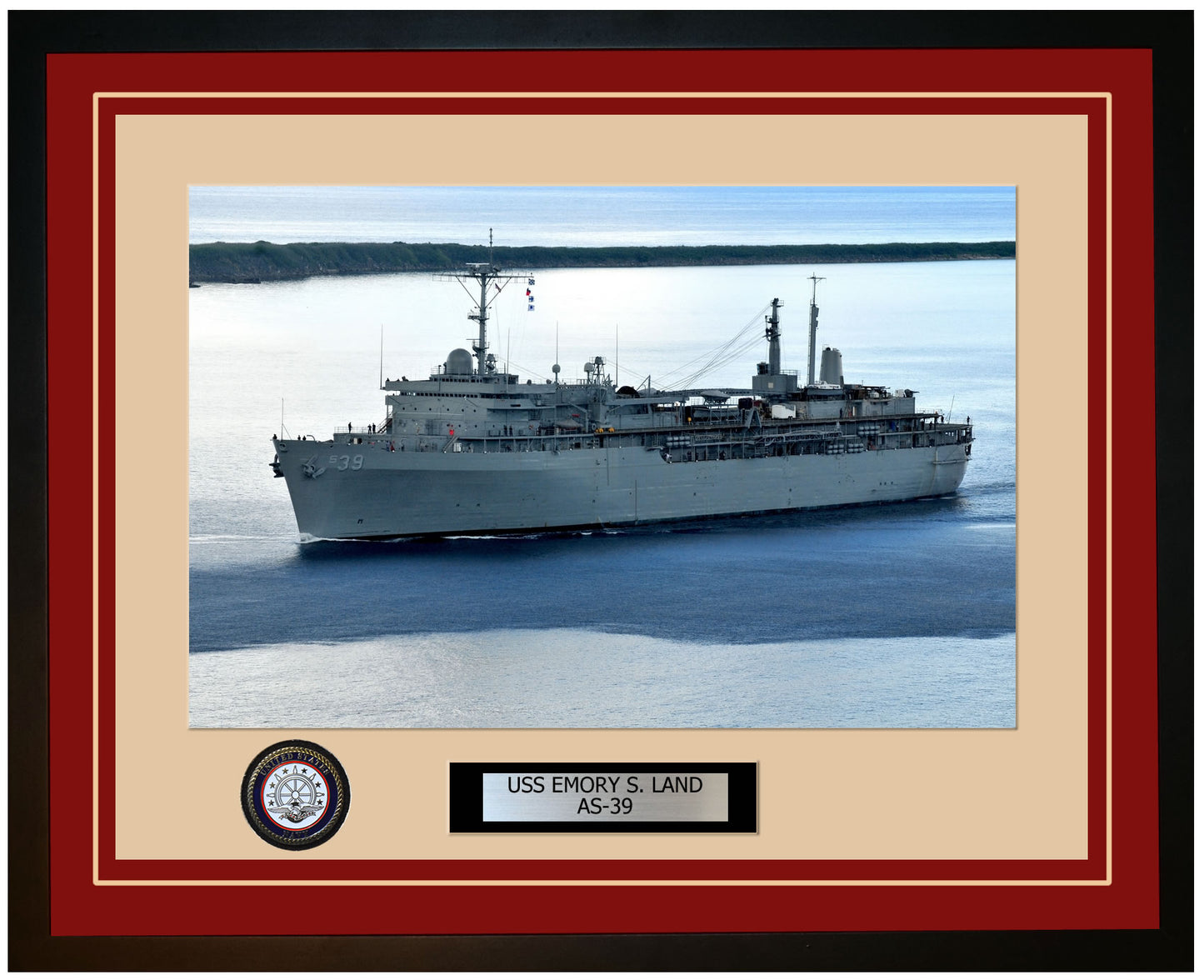 USS EMORY-S-LAND AS-39 Framed Navy Ship Photo Burgundy