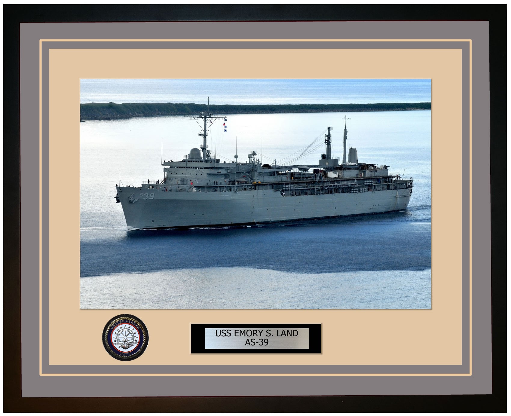USS EMORY-S-LAND AS-39 Framed Navy Ship Photo Grey