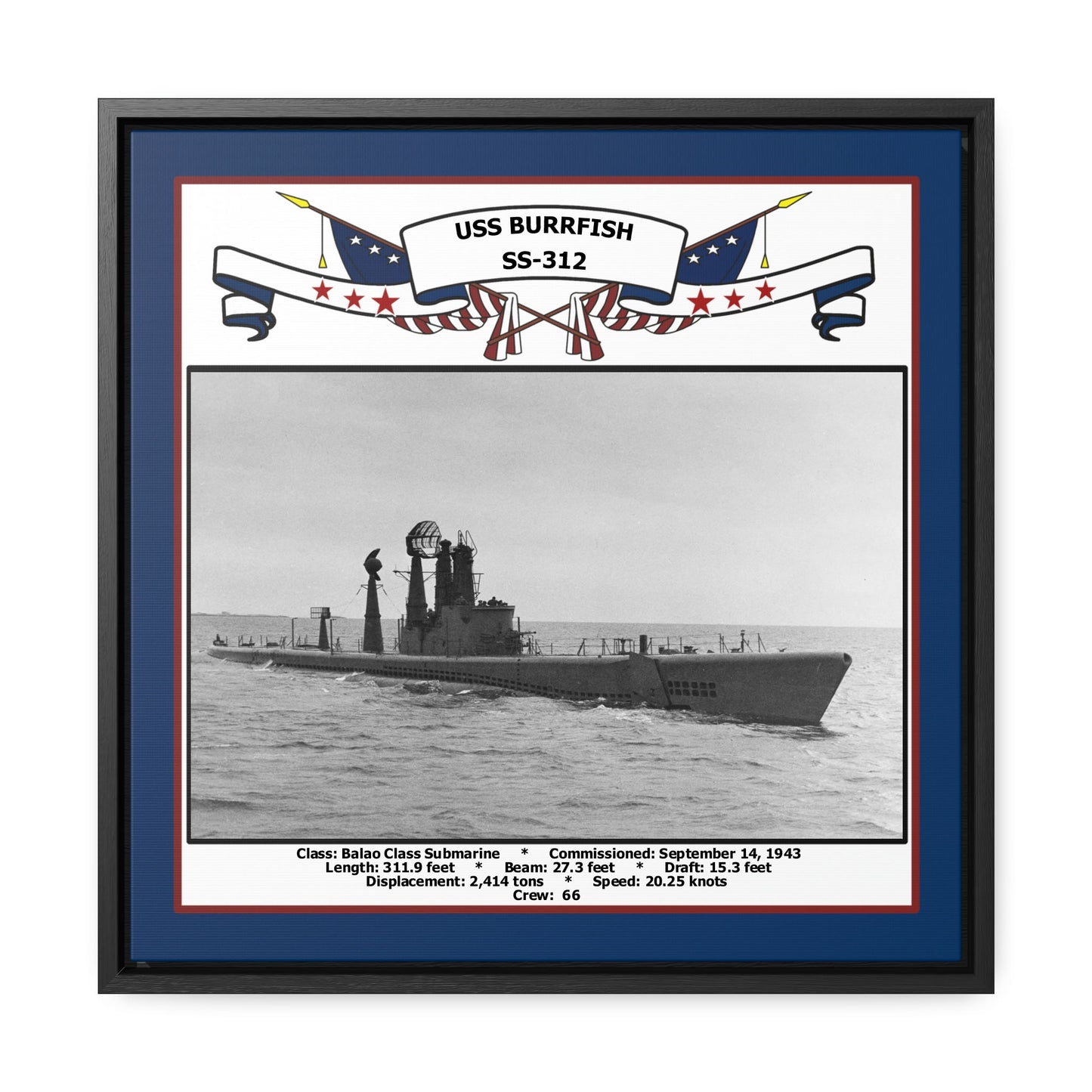 USS Burrfish SS-312 Navy Floating Frame Photo Front View