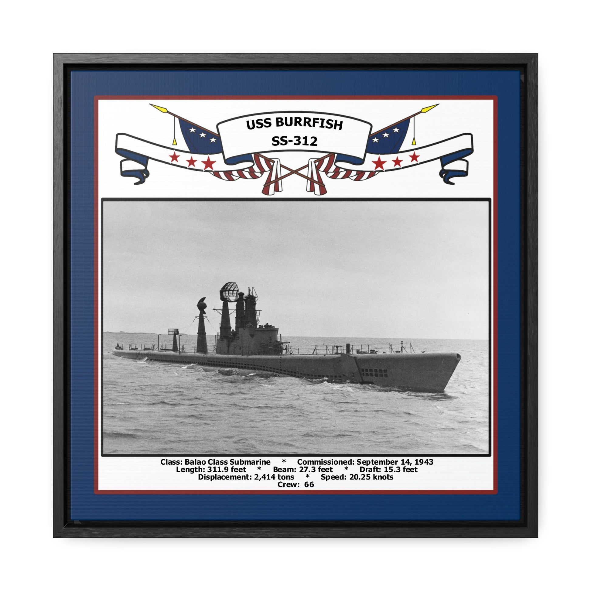 USS Burrfish SS-312 Navy Floating Frame Photo Front View