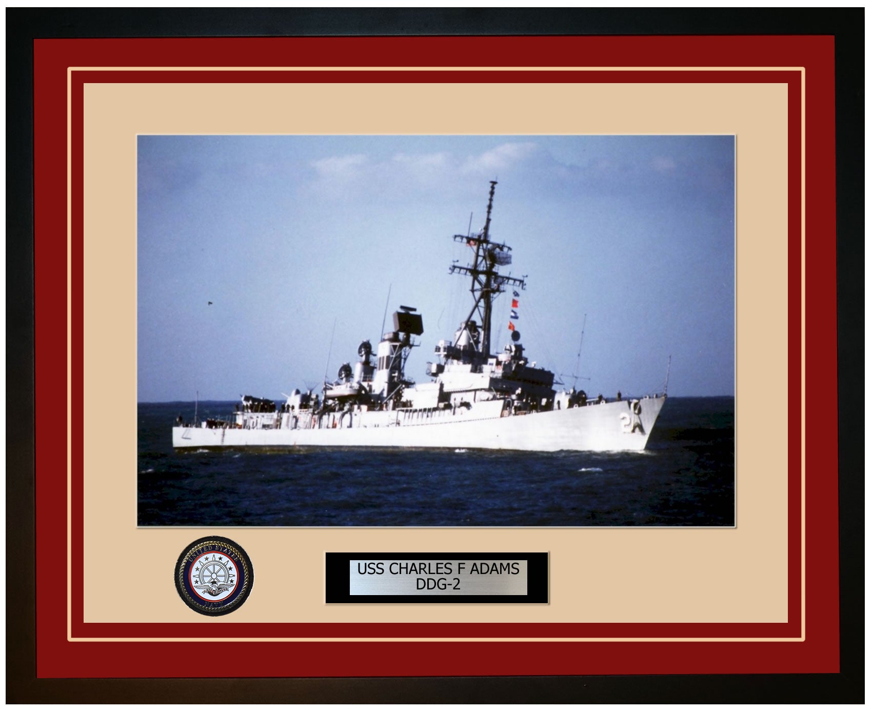 USS CHARLES F ADAMS DDG-2 Framed Navy Ship Photo Burgundy