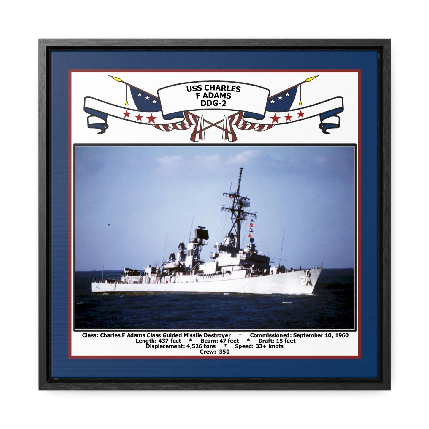 USS Charles F Adams DDG-2 Navy Floating Frame Photo Front View