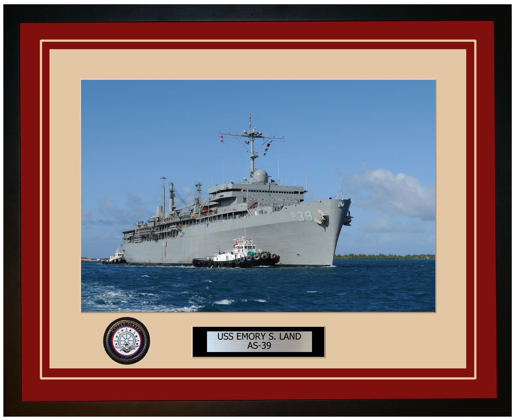 USS EMORY-S-LAND AS-39 Framed Navy Ship Photo Burgundy
