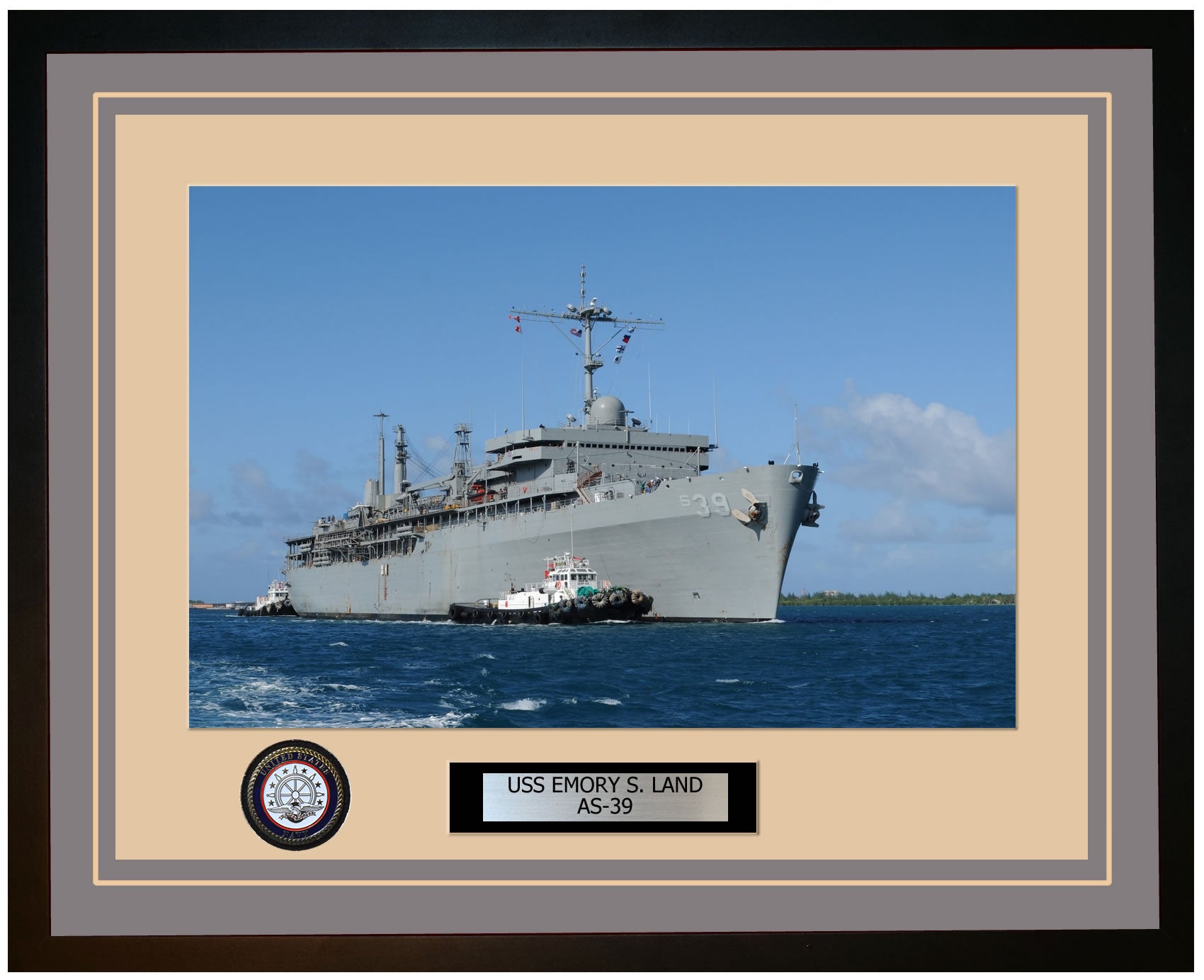 USS EMORY-S-LAND AS-39 Framed Navy Ship Photo Grey