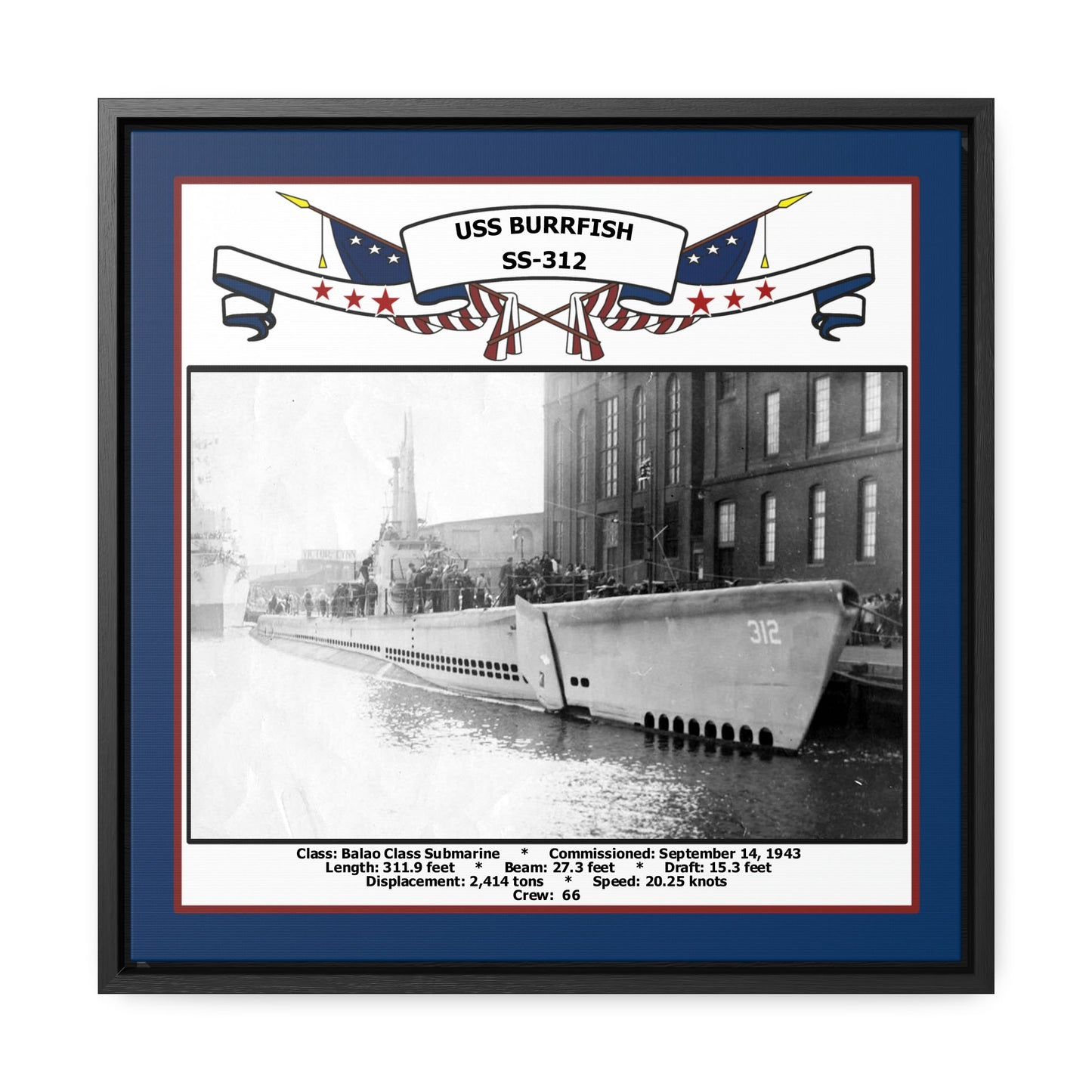 USS Burrfish SS-312 Navy Floating Frame Photo Front View