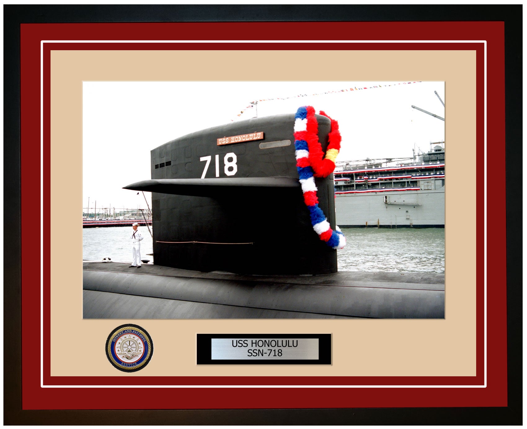 USS Honolulu SSN-718 Framed Navy Ship Photo Burgundy