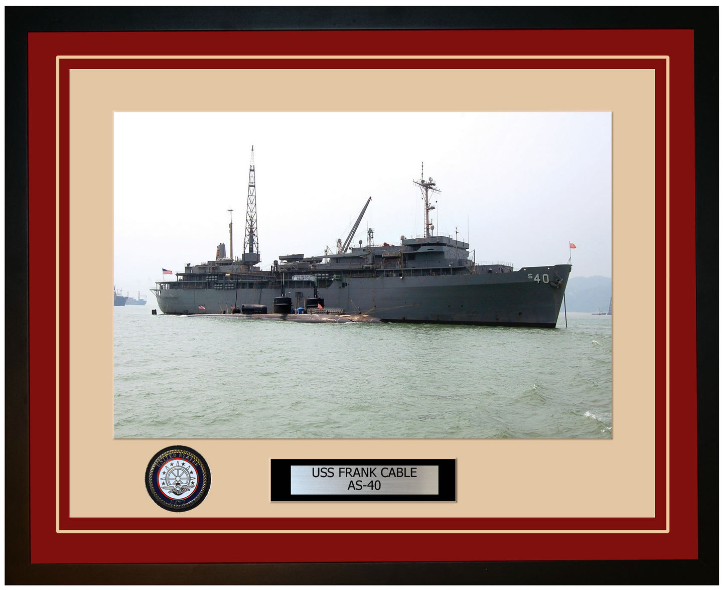 USS FRANK-CABLE AS-40 Framed Navy Ship Photo Burgundy