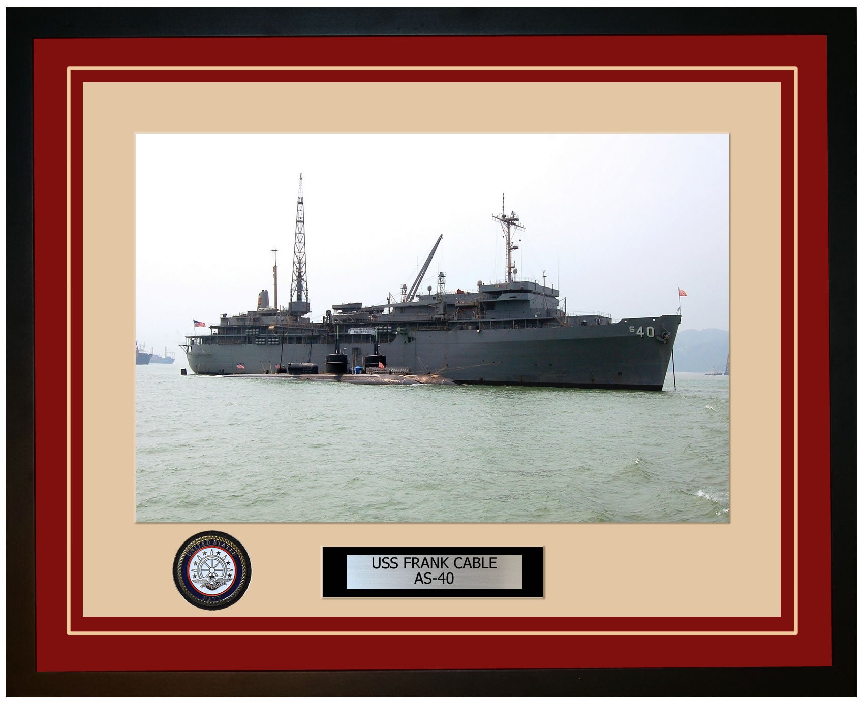 USS FRANK-CABLE AS-40 Framed Navy Ship Photo Burgundy