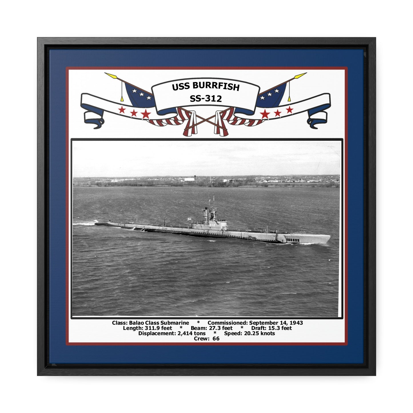 USS Burrfish SS-312 Navy Floating Frame Photo Front View