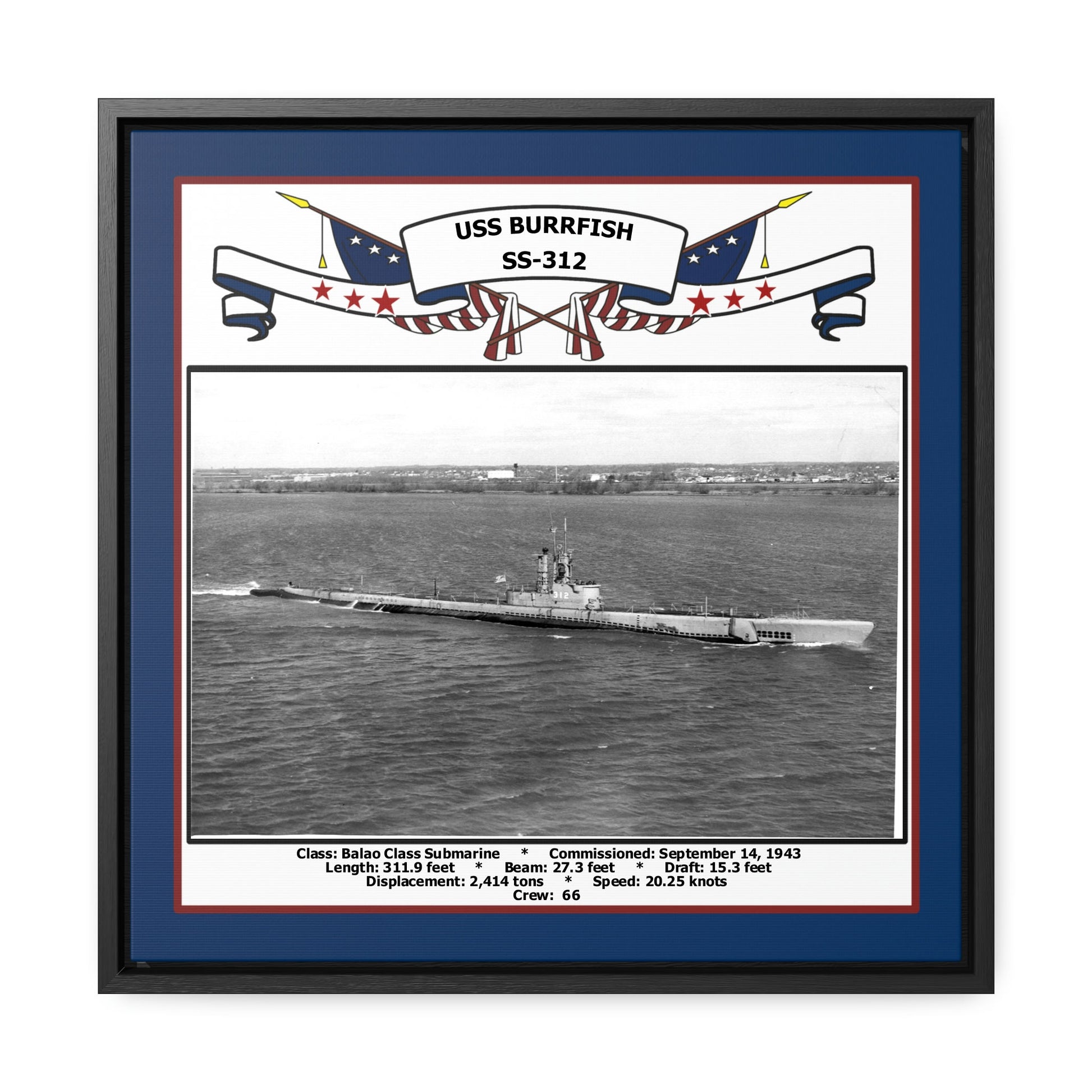 USS Burrfish SS-312 Navy Floating Frame Photo Front View