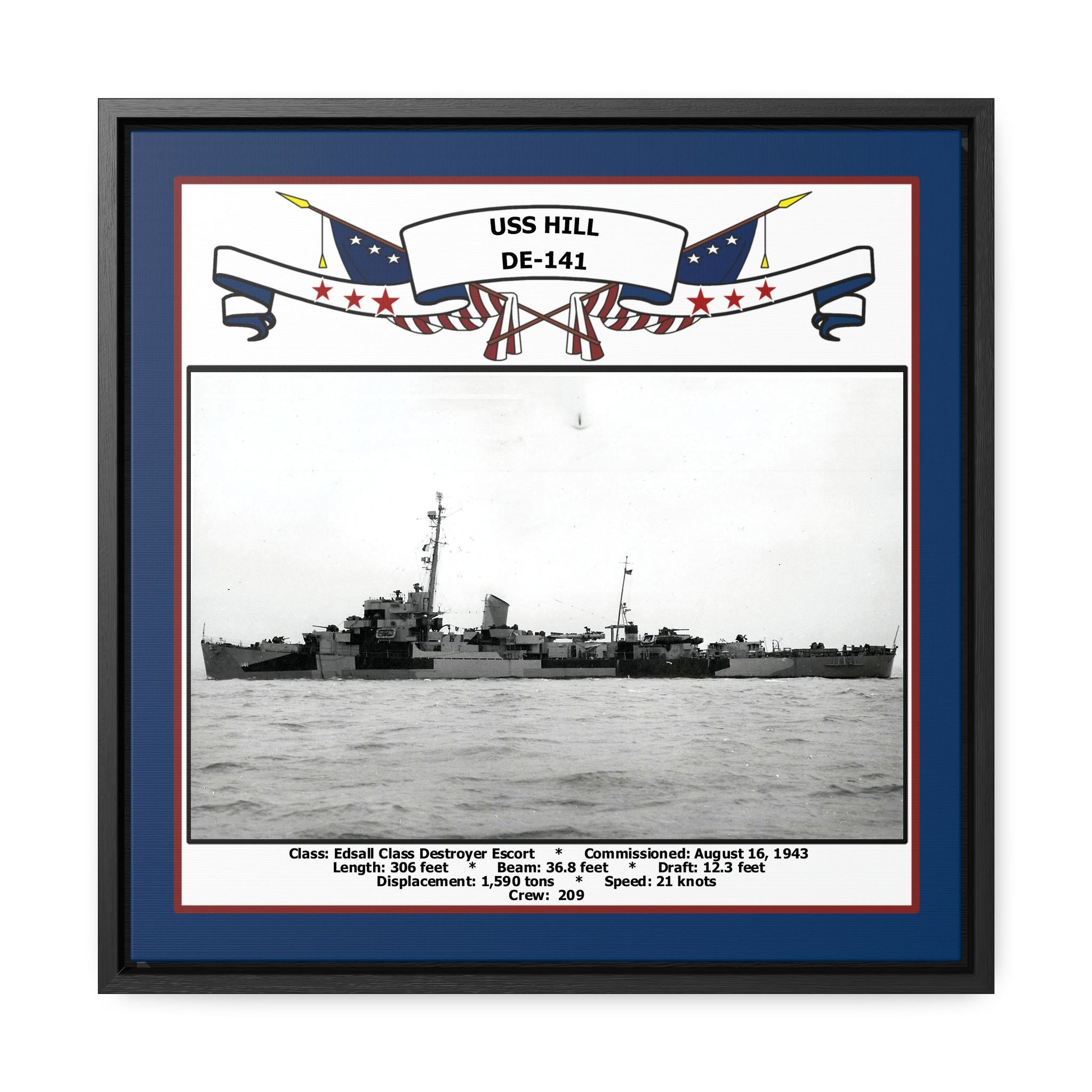 USS Hill DE-141 Navy Floating Frame Photo Front View