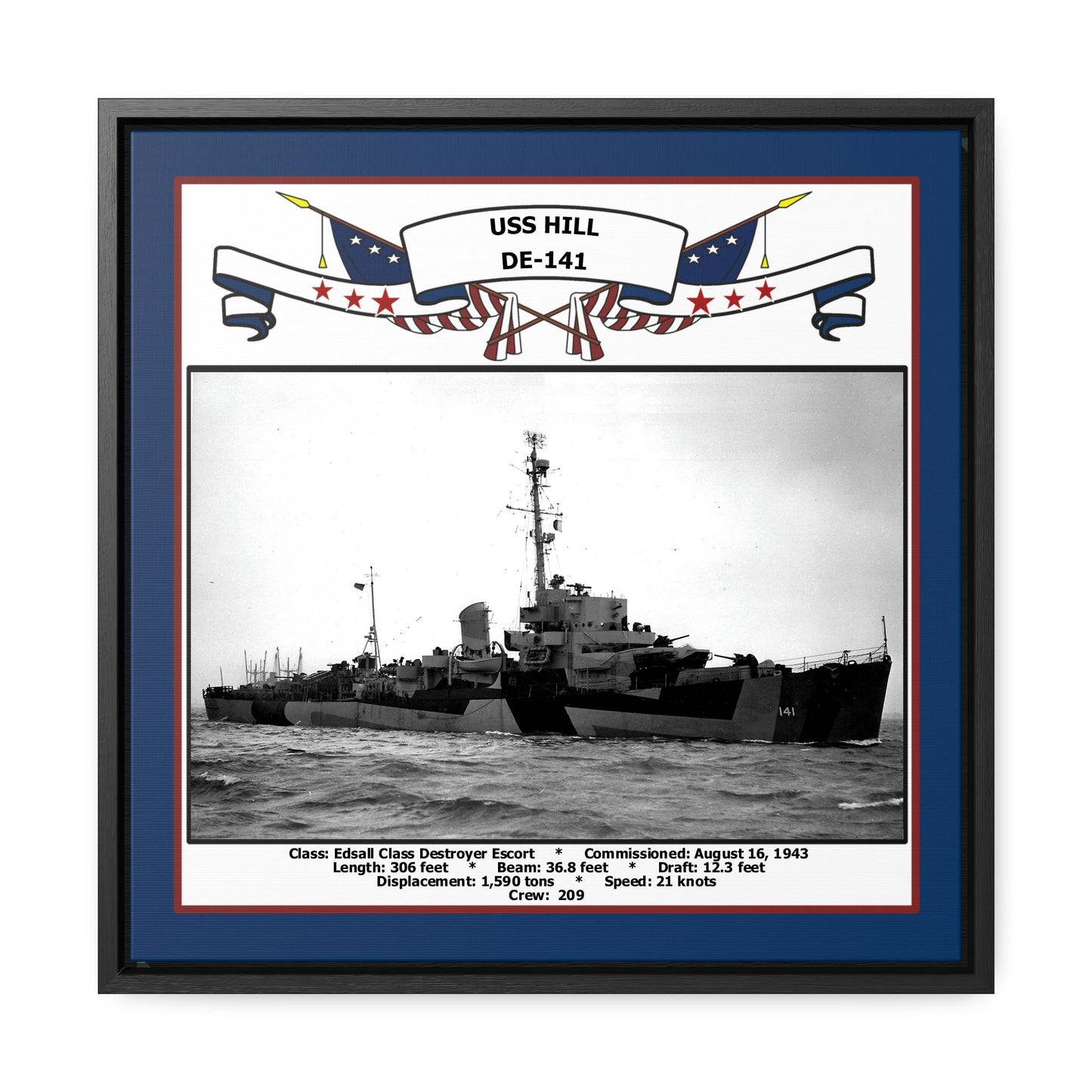 USS Hill DE-141 Navy Floating Frame Photo Front View
