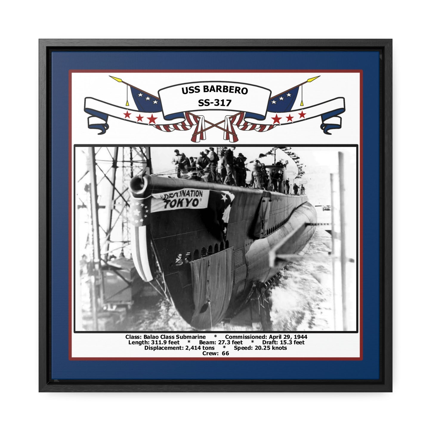 USS Barbero SS-317 Navy Floating Frame Photo Front View