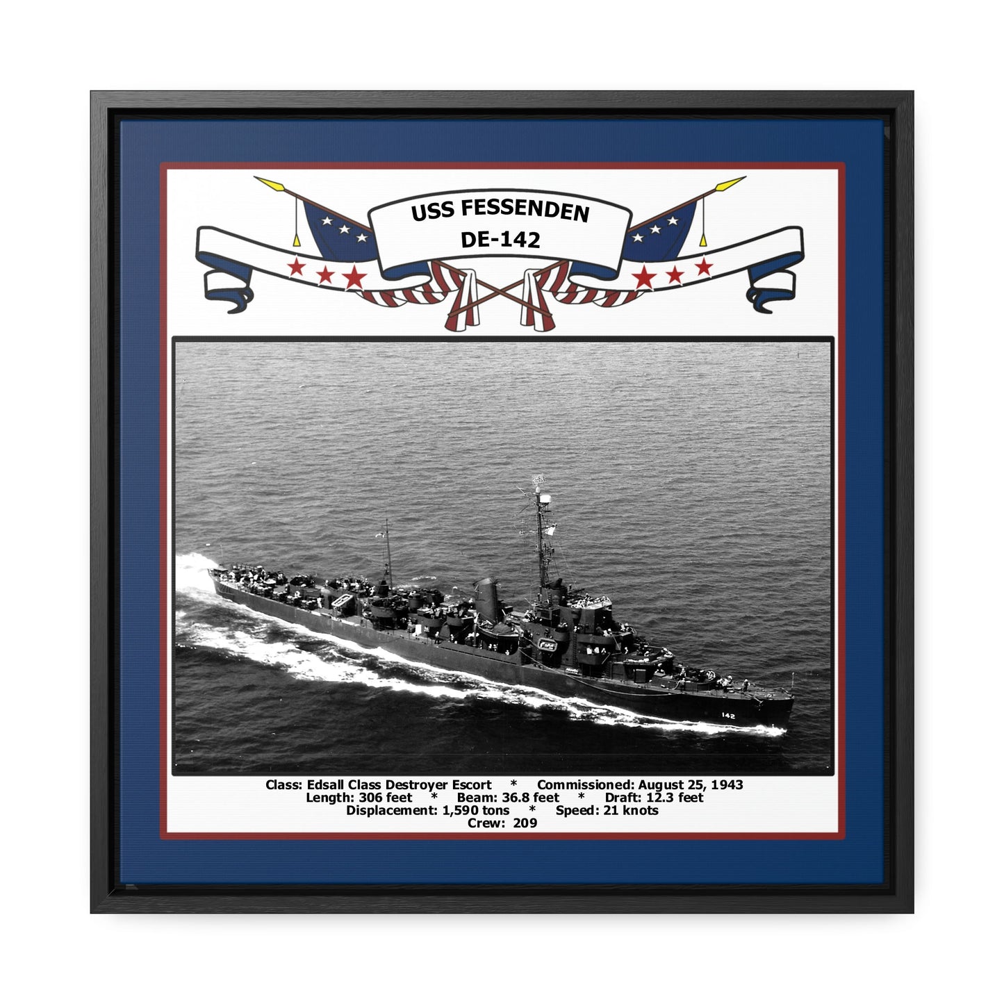 USS Fessenden DE-142 Navy Floating Frame Photo Front View