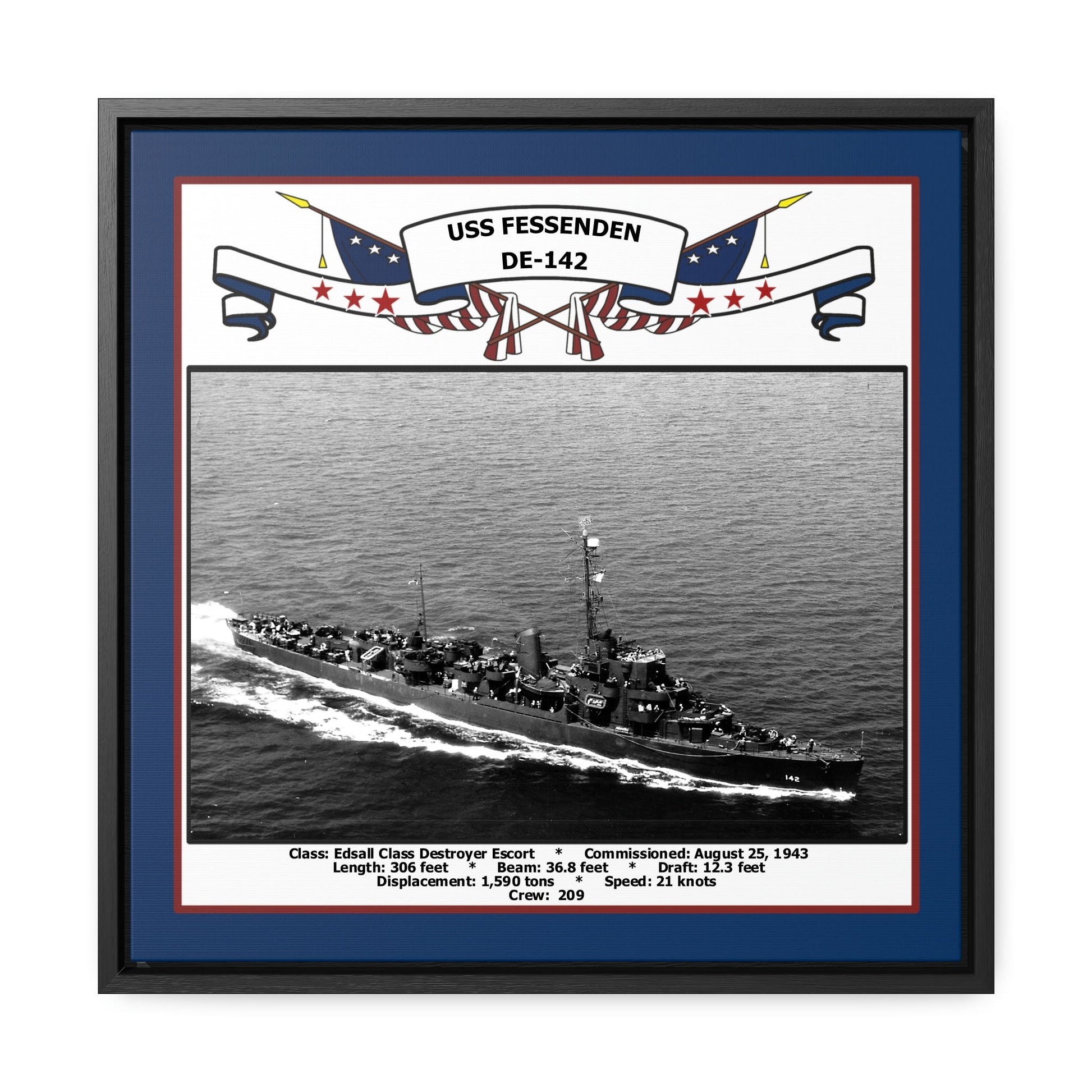 USS Fessenden DE-142 Navy Floating Frame Photo Front View