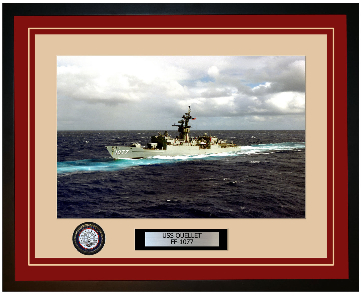 USS OUELLET FF-1077 Framed Navy Ship Photo Burgundy