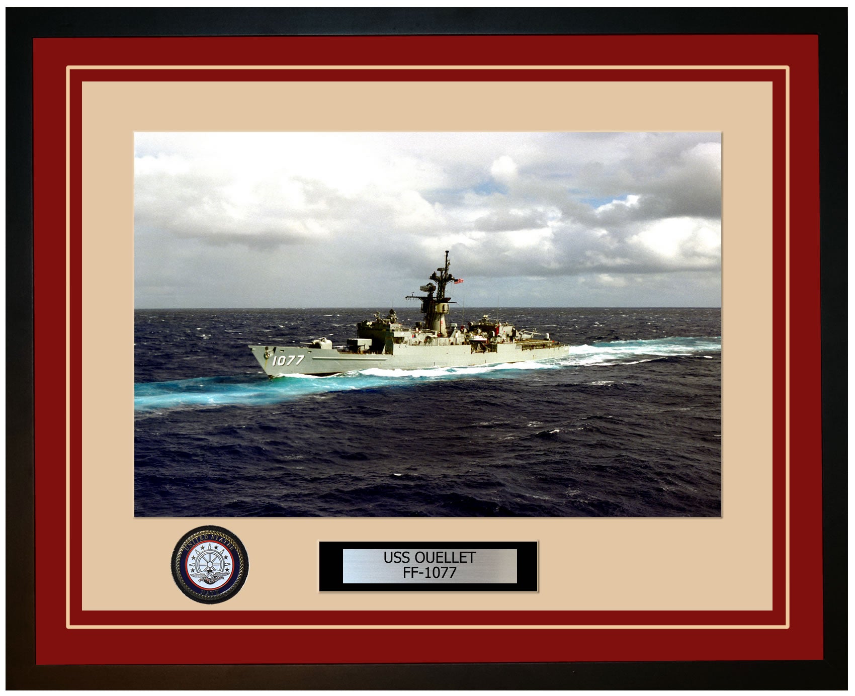 USS OUELLET FF-1077 Framed Navy Ship Photo Burgundy